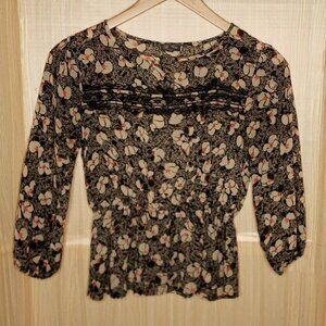 Lily Rose Womens Brown Abstract Floral Semi Sheer Blouse Small